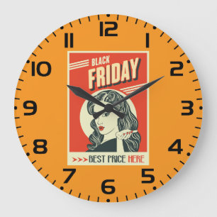 Grande Horloge Ronde Fille Pin-Up Pop Art Vendredi Noir Rétro
