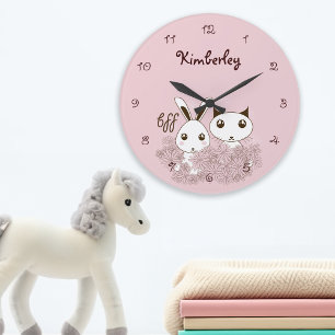 Grande Horloge Ronde Fille rose BFF Mignon dessin animé chaton et lapin