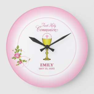Grande Horloge Ronde Fille Rose Première Communion, Calice, Hostie, Ros