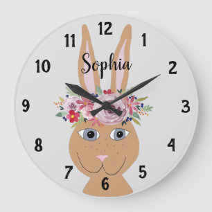 Grande Horloge Ronde Filles Aquarelle Florale tendance Rabbit et nom