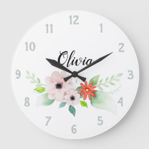 Grande Horloge Ronde Filles Cute Floral Aquarelle Fleurs et nom Enfants