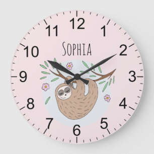 Grande Horloge Ronde Filles mignonne rose couchage Sloth et nom Enfants