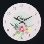 Grande Horloge Ronde Filles mignonnes fleurs botaniques de printemps et<br><div class="desc">Ce magnifique design d'horloge fleurie pour enfants dispose de fleurs d'aquarelle printanière mignonnes,  et a de l'espace pour vous d'écrire votre nom de filles dans une police élégante. Un pastel parfait,  un ajout botanique à votre petite chambre ou à votre pépinière.</div>