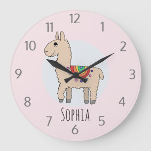 Grande Horloge Ronde Filles Mignonnes Lama Dessin Animé Arc-en-Ciel et 