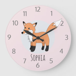 Grande Horloge Ronde Filles mignonnes Renard et nom de bois Enfants