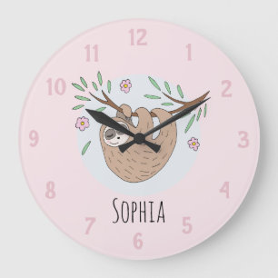 Grande Horloge Ronde Filles Mignonnes Sloth Dormant Animal et Nom Enfan