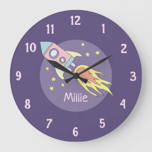 Grande Horloge Ronde Fille's Pink Rocket Ship Space and Name Nursery