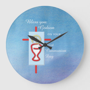 Grande Horloge Ronde Filleul, Première Sainte Communion, Bleu