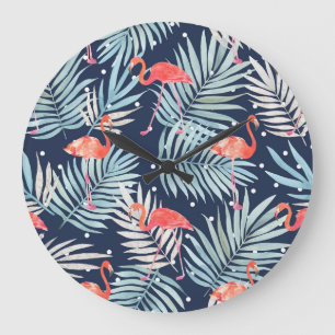 Grande Horloge Ronde Flamant rose Aquarelle : Pink Tropical Elegance.