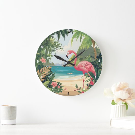 Grande Horloge Ronde Flamant rose Beach Tropical (Maison)