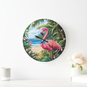 Grande Horloge Ronde Flamant rose Beach Tropical