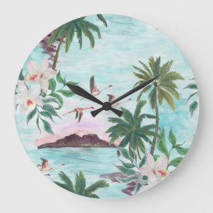Grande Horloge Ronde Flamant rose Hawaiian Motif aquarelle