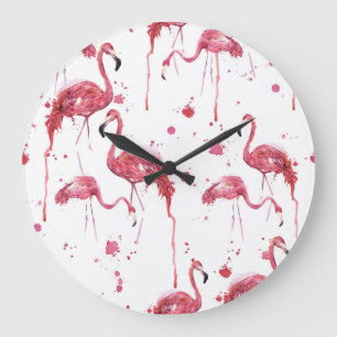 Grande Horloge Ronde Flamant rose motif aquarelle, design dynamique.
