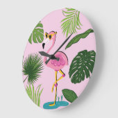 Grande Horloge Ronde Flamant rose Palm Feuille Tropical Design (Angle)