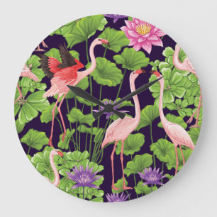 Grande Horloge Ronde Flamant rose, plantes tropicaux, arrière - plan no