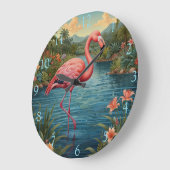 Grande Horloge Ronde flamant rose rétro (Angle)