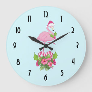 Grande Horloge Ronde Flamant rose rose à Santa Hat Noël Whimsical