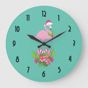 Grande Horloge Ronde Flamant rose rose à Santa Hat Noël Whimsical