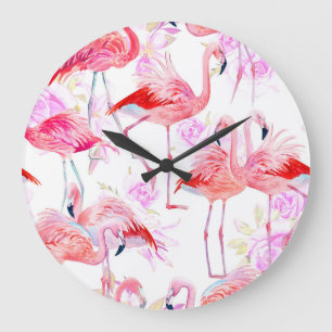 Grande Horloge Ronde Flamant rose Rose : Aquarelle Oiseau Floral