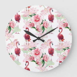 Grande Horloge Ronde Flamant rose rose : Élégance Motif sans couture