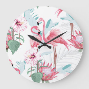 Grande Horloge Ronde Flamant rose Rose : Fleurs Exotiques Sans Couleur.