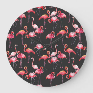 Grande Horloge Ronde Flamant rose rose : Motif d'aquarelle tropicale.