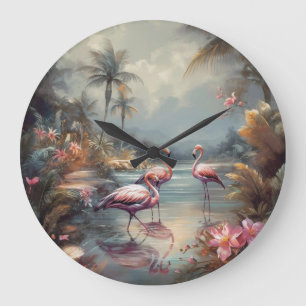 Grande Horloge Ronde Flamant Rose Tropical Lagune Art Floridien Vintage
