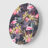 Grande Horloge Ronde Flamant rose Tropical : Motif sans couture d'été (Angle)