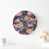 Grande Horloge Ronde Flamant rose Tropical : Motif sans couture d'été (Maison)