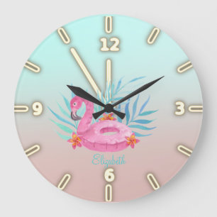 Grande Horloge Ronde Flamants roses adorables et feuilles de palmier