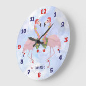 Grande Horloge Ronde Flamants roses de Noël (Angle)