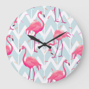 Grande Horloge Ronde Flamants roses gris clair : Vintage tropical.