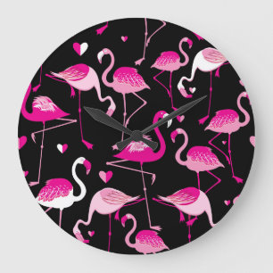 Grande Horloge Ronde flamants roses, motif sans soudure foncée.