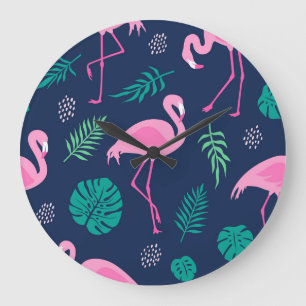 Grande Horloge Ronde flamants roses, palmiers tropicaux, couteaux dessi