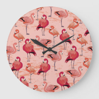 Grande Horloge Ronde Flamants roses roses : Motif Tropical sans couture