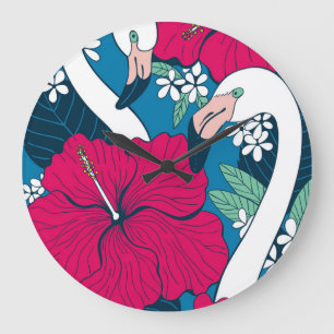 Grande Horloge Ronde Flamants roses tropicaux : Hibiscus Plumeria Arriè