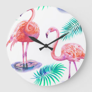 Grande Horloge Ronde Flamants roses tropicaux : Orchidées Aquarelle tra