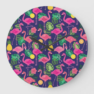 Grande Horloge Ronde Flamants vintages, éléments d'été motif