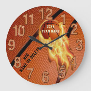 Grande Horloge Ronde Flaming Personnaliser, Décor de basket pour la ch