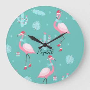 Grande Horloge Ronde Flamingos Chapeau de Père Noël Cadeaux Flocons de
