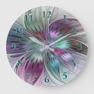 Grande Horloge Ronde Fleur Abstraite colorée Art moderne floral fractal