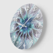 Grande Horloge Ronde Fleur Abstraite Fractale Moderne Avec Bleu (Angle)