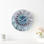 Grande Horloge Ronde Fleur Abstraite Fractale Moderne Avec Bleu (Maison)