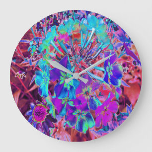 Grande Horloge Ronde Fleur abstraite violette et bleue en fleurs