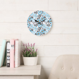 Grande Horloge Ronde Fleur Aquarelle Bleue - Floral Botanique