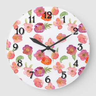 Grande Horloge Ronde Fleur aquarelle or rose