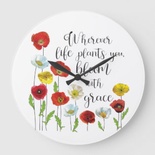 Grande Horloge Ronde Fleur avec grâce - Fleurs de coquelicot