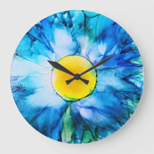 Grande Horloge Ronde Fleur bleue dans les encres d'alcool