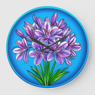 Grande Horloge Ronde Fleur d'Agapanthus Élégant Floral Botanique Bleu