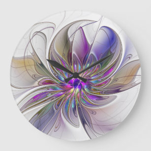 Grande Horloge Ronde Fleur d'art Abstrait, énergique et coloré